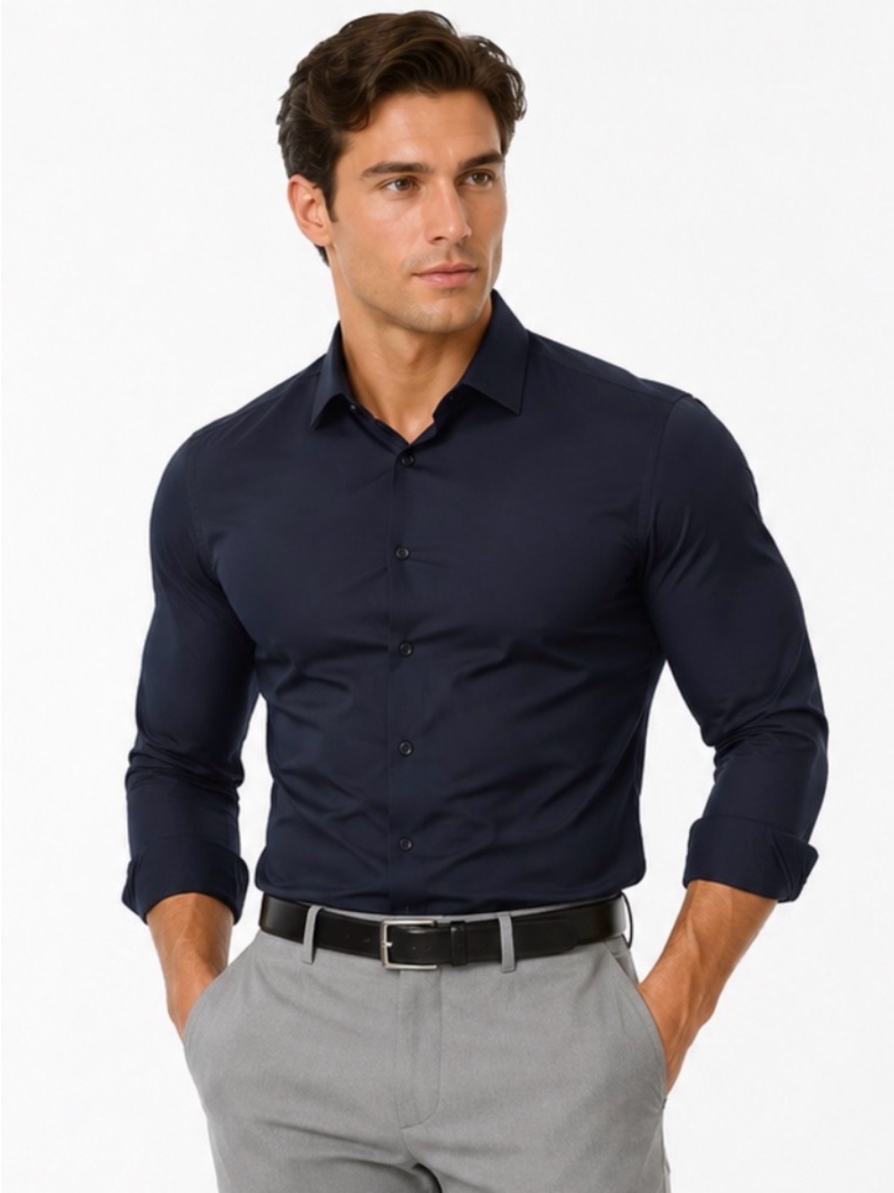 Tailored Athlete Athletic Muscle Fit Tapered Dress Shirt Deep Navy Blue Size L